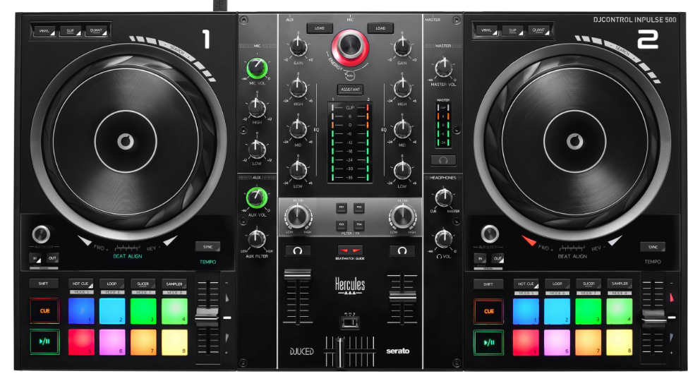 DJ Equipment Package with Hercules DJControl Inpulse 500 CAD MH100 and Sonic Fiber Laptop Stand 